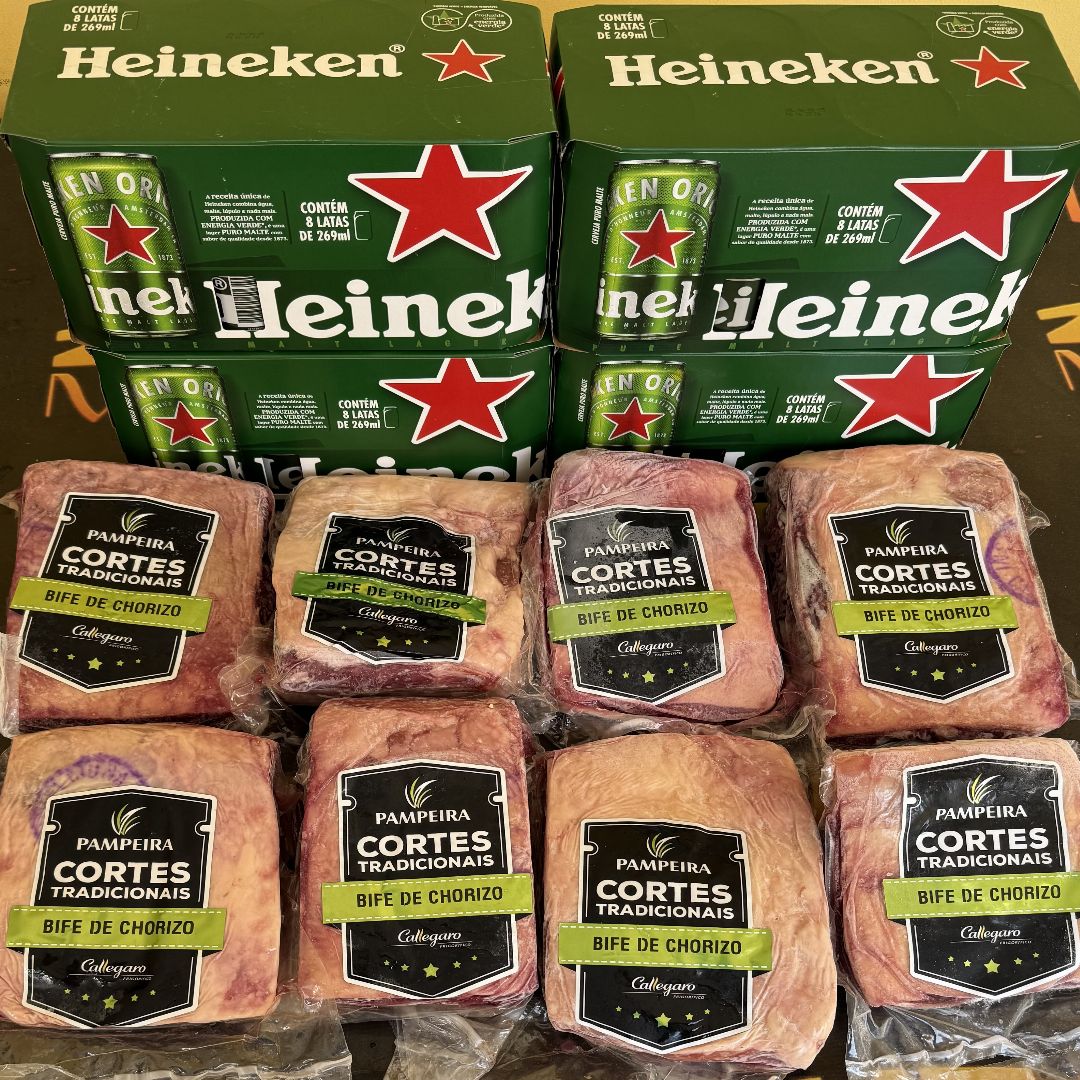 8 peças de bife de chorizo mais 4 cxs de heineken